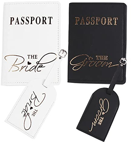 Mr and Mrs Reisepasshüllen und Gepäckanhänger Geschenkset Paar Reisepasshalter für Flitterwochen, Golden-3, Einheitsgröße, Golden-3