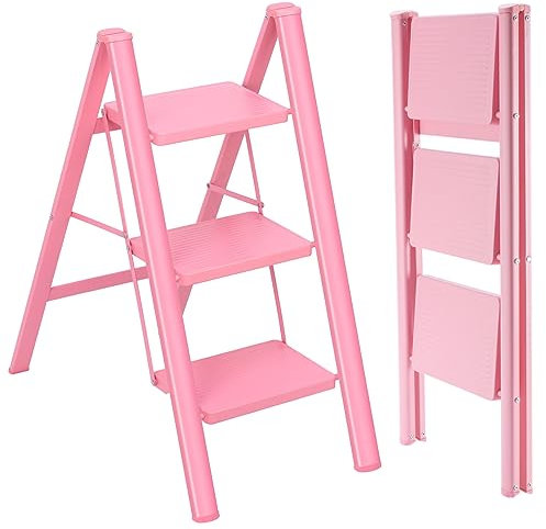 GPUSFAK 3 Step Ladder Foldable Step Stool with Wide Anti-Slip Pedal Heavy Duty Steel Ladders 500lbs Capacity for Adults Pink