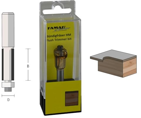 Famag HM-Bündigfräser (D12,7 / B38 / Gesamtlänge 80 mm/Schaft- 8 mm, Fräser mit Anlauflager, geeignet zum Kantenfräsen bei Schreinerarbeiten, Montagearbeiten im Handwerkbereich) 3101.838