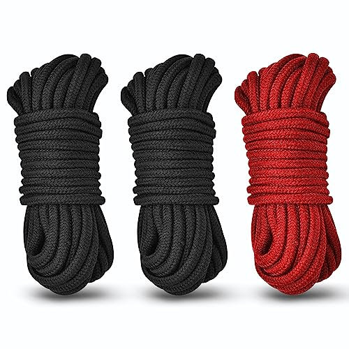 Aorgasms Weiche Baumwollseil Wäscheleinen Kit - 3x10M Baumwollkordel Dekor Seil 8MM Allzweckseil Gedrehtes Seil Baumwoll Knoten Übungseil für DIY, Reise, Aufhängen, Garten, Camping-Seil (Schwarz+Rot)