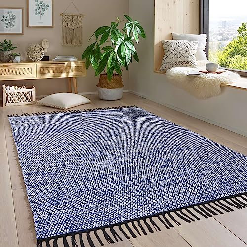 Taracarpet Handwebteppich Borkum Teppich fürs Wohnzimmer, Schlafzimmer und als Küchenteppich geeignet 100% Baumwolle blau 160x230 cm