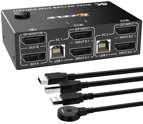 ESKEVE KVM Switch 2 PC 2 Monitore 8K@30Hz, Dual Monitore KVM Switch DisplayPort 4K@144Hz für 2 PC teilen sich 2 Monitore und 4 USB Geräte, kabelgebundene Fernbedienung und Kabel enthalten