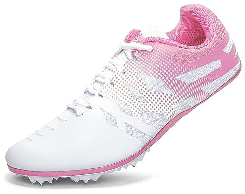 Leichtathletikschuhe für Herren Damen Kinder Jungen Mädchen 8 Spikes Laufen Rennschuhe Professionelle Sprint Sport Sneakers Track Spikes Distanz Sneakers, Weiß, Pink, 37 EU