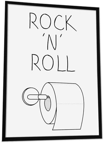 JUHMI Badezimmer Deko Bilder, HD Kunstdruck Bilder mit Rahmen, Wand Deko Aesthetic - WC Schild als Bad Deko Poster oder Gäste WC Deko: Rock N Roll, 30x40cm mit Holz Rahmen