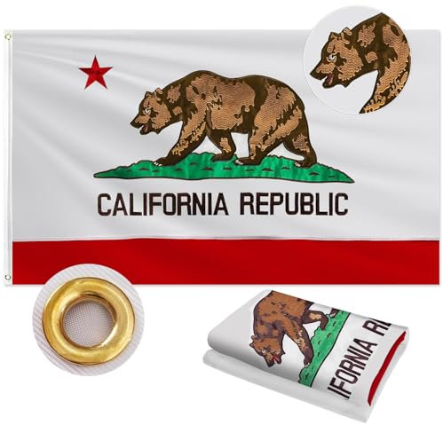 Kalifornien-Flagge, 90 x 150 cm, doppelseitig, strapazierfähig, 210D-Polyestergewebe, bestickter Bär und Stern und 4-reihige Nähte, Fliegenenden mit 2 Messingösen, Bundesstaat Kalifornien, Republik