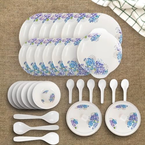 Generic Four Leaf Dine Smart Melamine 32 Pieces Stylon Dinner Set Heat-Resistant | Durable | Shatter-Resistant | Light-Weight | BPA Free (Blue Vector Flower), FL158