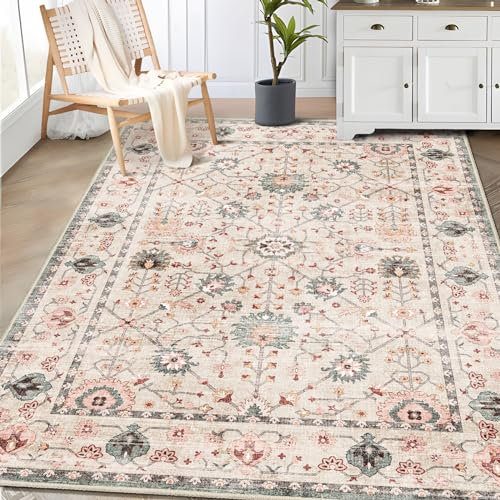 MUJOO Petit tapis lavable bohème pour entrée, chambre à coucher, salon, cuisine – tapis antidérapant pour intérieur – tapis vintage doux à motif floral rose pâle et rose pâle – 0,9 x 1,5 m