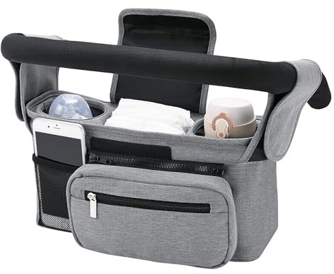 Universal Stroller Organizer with Insulated Cup Holder - Detachable Phone Bag & Shoulder Strap, Fits for Stroller Like Uppababy, Baby Jogger, Britax, BOB, Umbrella and Pet Stroller (Black) (Grey)