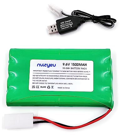 nvizyeu with KET 2P Plug, 9.6V 1500mAh Rechargeable nimh AA Battery Pack, Suitable for RC Boat, RC Tank, Electric Toys and Tools, Equipped with USB Charging Cable, nvi105