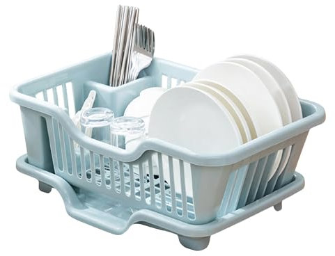 Qualiware Dish Drainer-Space-Saving Dish Drying Rack for Kitchen Counter, Durable PP Plastic Kitchen Drying Rack with a Cutlery Holder, Drip Tray, Drying Rack for Dishes, Knives and Forks (Blue)