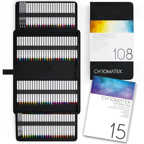 CHROMATEK Aquarellstifte-Set, 108 Stück, inklusive 15-seitigem Block und Online-Video-Tutorial-Serie, 5 Aquapens und 100 einzigartige Farben, echte Pinselstifte, leicht mischbar, lebendig und glatt