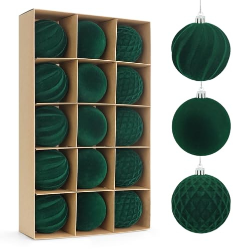 Miaikoe 15 Pcs Velvet Christmas Balls Hanging Ornaments Set, Pre-tied Shatterproof Plastic Flocked Christmas Balls Xmas Decorations Festival Holiday Party Decor (Green,8CM)