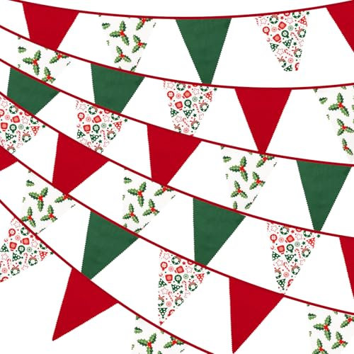 36PCS Red and Green Fabric Christmas Bunting Banner Xmas Pennants Banner Triangle Flag Vintage Xmas Bunting Christmas Parties Decoration for Fireplace Door Window Wall