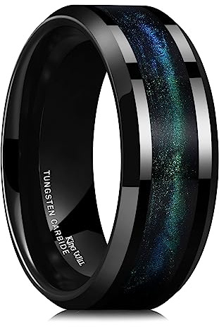 King Will Ehering aus Wolframkarbid für Männer – 8 mm schwarzer, hochglanzpolierter Ehering mit blau-grünem Sand-Inlay für den Alltag, bequemer Sitz für Herren, Größe 54–70 (17–22)