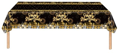 Tischdecke Silvester, Silvester Deko 2025, 137 * 274cm Schwarz Gold aus Kunststoff Happy New Year Tischdecke, Geeignet für Deko Silvester Party 2025 Silvester Party (2)