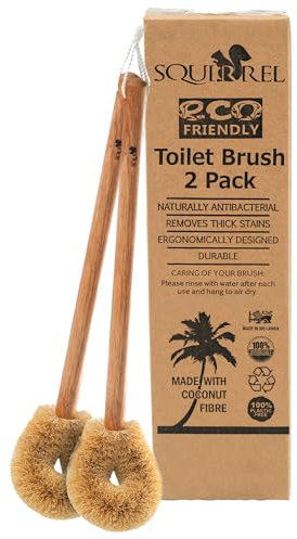 Squirrel Toilet Brush with Natural Coconut Fiber Handle (Pack of 2), Eco-Friendly Wooden Handle Toilet Bowl Cleaner Brush, Full Circle Sustainable Toilet Cleaning Brush with Hanging Hook