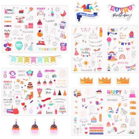Dewocke Geburtstag Sticker Set, 4 Bögen Happy Birthday Aufkleber für Fotoalbum, Gästebuch, Party Dekoration, Geschenke – 170 Farbenfrohe Motive für Kinder & Erwachsene