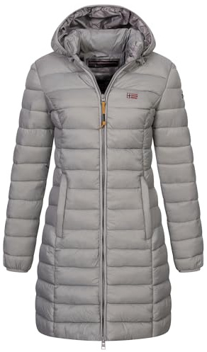 Geographical Norway Damen Winter Jacke Steppjacke Parka Lange Kapuzenjacke Steppmantel Outdoor abnehmbare Kapuze, Farbe:Hellgrau, Größe:XXL (44)