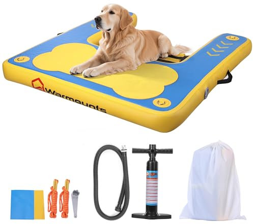 WARMOUNTS Inflatable Dog Water Ramp, Floating Dock Platform for Big Dogs (Up to 220 LBs) with Ladder, Ropes, Non-Slip Pad, High Visibility Dogs Safety Ramp for Pool, River, Boat