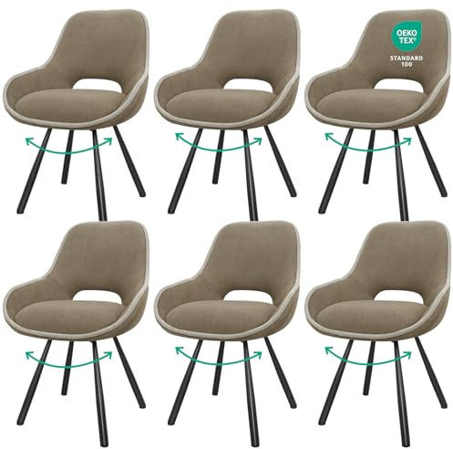 JIJIAN Drehbare Esszimmerstühle 6er Set mit Niedrigen Armlehnen, Drehbar 180°, Essstuhl mit Automatischer Selbstausrichtung, Drehstuhl Esszimmer, Küchenstuhl Drehbar, Braun