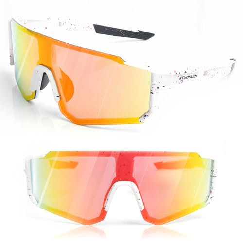 RTUOHUIN Schnelle Brille, Fahrradbrille Sonnenbrille für Herren und Damen UV400 Schutz Sportbrille TR90 Flexiblem Rahmen für MTB Rennrad Fahrrad Ski Laufen Rave - Weiß Orange