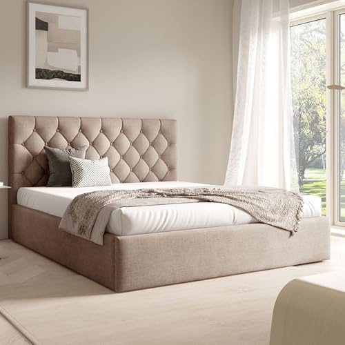 FURNISTAR Polsterbett BEA IV mit Bettkasten, Bett 160x200, Doppelbett mit Stauraum und Lattenrost, Boxspringbett-Optik, Hotelbett, ohne Matratze, Schlafzimmer - Dunkelbeige