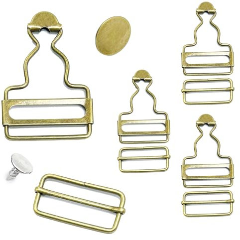 FEZTGVOFA 4 Pcs Dungaree Clips, Dungaree Clips, Bronze Overall Clasp Replacement, Stainless Steel Dungarees Slider Fasteners, Adjustable Tri Glide Slide Buckle and Buttons, for Jeans Suspender