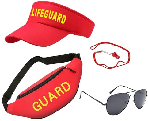 Rettungsschwimmer Outfit – Rettungsschwimmer Kostüm, verstellbares Outfit | Retro Stranduniform mit Sonnenblende, Sonnenbrille, Pfeife und Gürteltasche, Sommerrettung Thema