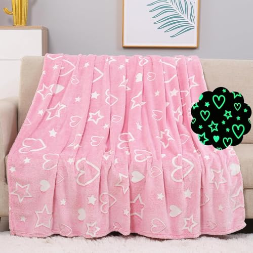 JISEN Couverture rose phosphorescente en forme de cœur et d'étoiles - Cadeau d'anniversaire pour filles de 2, 3, 4, 5, 6, 7, 8, 9, 10 ans - Couverture en flanelle lumineuse pour la Saint-Valentin