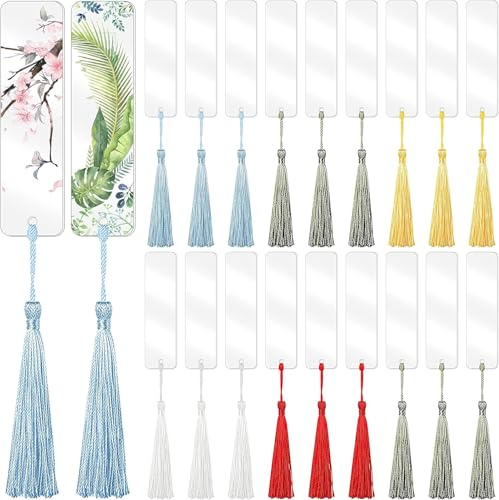 Acryl Lesezeichen Rohlinge, 15 Set Blanko Lesezeichen, Lesezeichens Basteln 15 Transparent Rechteckig Lesezeichen 15 Bunten Quaste Zufällige Farbe für DIY Geschenkanhänger