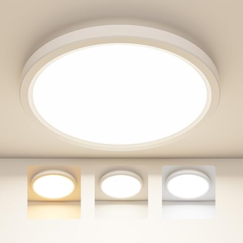 Deckenleuchte LED Deckenlampe, 24W 3Farben-3000K/4000K/6500K, 2400LM/IP44 Wasserfest Modern Ultradünn Rund Badlampe Decke, LED Deckenleuchte für Badezimmer, Wohnzimmer, Schlafzimmer, Küche (29cm)