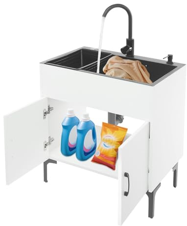 YUNRUX Freistehende Küchenspüle Mobile Spülbecken 360°drehbarer Wasserhahn Kalt Warmwasserschläuchen Einzelspüle Campingküche Spüle mit 63*35*19cm Becken Seifenspender Unterschrank Edelstahl (Weiss)