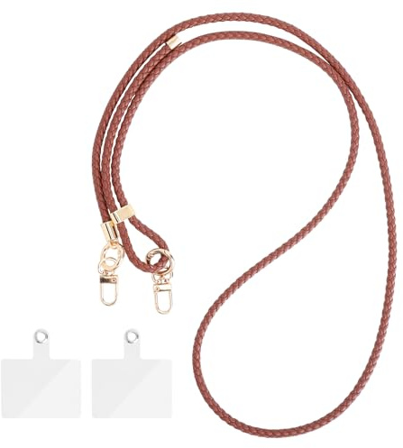 Lanière Téléphone Portable Universelle 120cm Marron 2 Patchs Transparente Bandoulière Réglable en Cuir Tressé pour Smartphone, Tour de Cou Anti-Perte Compatible iPhone Android