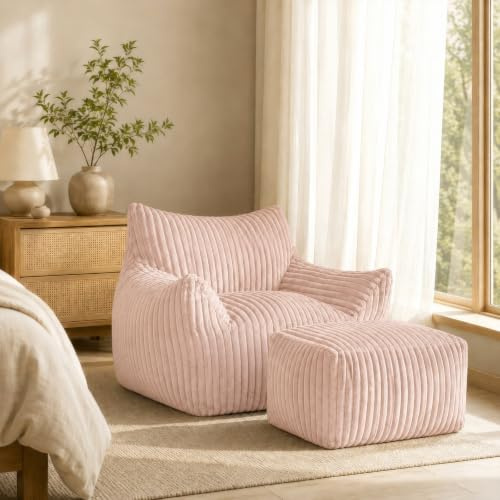 Calivra Sitzsack XXL für Erwachsene mit Ottoman - Ergonomischer Relax Liegesessel mit 5-Zonen-Stütze, Corduroy Bezug, High-Rebound Füllung Schwamm, platzsparend für Wohnzimmer (Rosa)