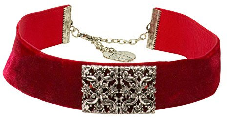 Alpenflüstern Trachten-Samt-Kropfband Ornament-Edelweiß - nostalgische Trachtenkette enganliegend, Kropfkette elastisch, eleganter Damen-Trachtenschmuck, Samtkropfband breit rot DHK208