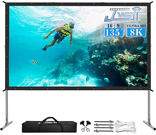 Projector Screen and Stand,JWSIT 135 inch Outdoor Movie Screen-Upgraded 3 Layers PVC 16:9 Outdoor Projector Screen,Portable Video Projection Screen with Carrying Bag for Home Theater Backyard