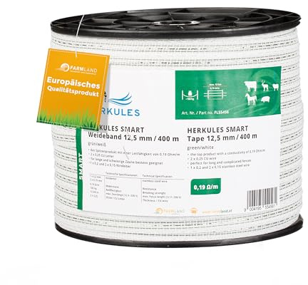 Farmland Herkules Power Weidezaunband - 400 Meter Weidezaun Band - Robustes Weideband mit NIRO-Kupfer-Kombination - 12,5 mm breites Weidezaun Breitband für alle Tierarten