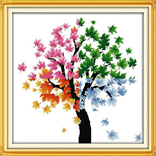YEESAM ART Kreuzstich, Baum des Lebens Vier Jahreszeiten Baum 11CT 69×69 cm Vorgedruckten DIY Stickerei Handarbeit Kits (Baum)