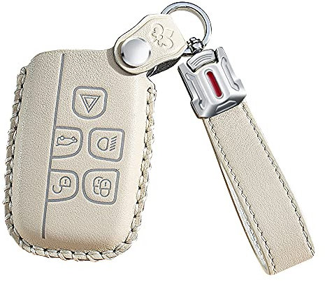 ontto Porte-clés en Cuir pour clé de Voiture Land Rover Defender Discovery Evoque LR4 Range Rover Sport Jaguar 5 Boutons Accessoires étui Porte-clés télécommande clé Support de clé Protecteur Beige A