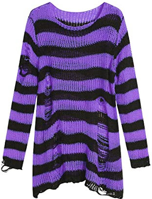 YASHANG Maglione da Donna, Stile Gotico, Punk, Grunge, a Maniche Lunghe, Scollo Rotondo, Oversize, a Righe, Lungo, strappato, Maglione Lungo, Lilla, Taglia Unica