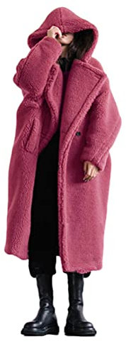 ORANDESIGNE Veste Femme Long Manteau Capuche Laine épais Hiver à Manches Longues Cardigan à Capuche Pardessus Col Revers Classique Manteaux Blouson Parka Outwear Mode Rose L