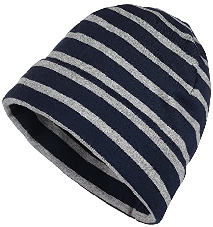 modAS Mütze Maritime Rollmütze Unisex für Kinder und Erwachsene - Ringelmütze Baumwollmütze mit Streifen in Blau/Grau-Melange bis 55 cm Kopfumfang (Kind)