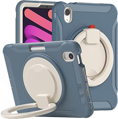 Funda para iPad Mini 6 de 8.3 pulgadas 2021 para niños, con asa giratoria de 360°, resistente a prueba de golpes, carcasa híbrida de TPU de 3 capas, azul aciano