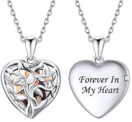 Silvora Damen Foto Anhänger Halskette mit Fotogravur und Textgravur Herzförmige Lebensbaum Medaillon Kette zum Öffnen für Bilder Foto in Weißgold mit 56cm+5cm Kette