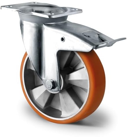 Abrollwerk Schwerlast 20 cm Durchmesser Lenkrolle mit Feststellbremse, Schwerlastrollen lenkbar, Aluminiumfelge, Doppelkugellager, dynamische Traglast 800 kg
