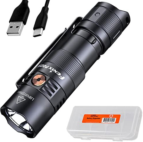 fenix PD25R EDC - Linterna de 800 lúmenes, recargable por USB-C, doble interruptor, tamaño de bolsillo, ligera con organizador