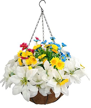 Künstliche weiße Weihnachtsblume Weihnachtsstern und blau gelb rot Chrysantheme Blume DIY Urlaub Hochzeit Büro Zuhause Kette Hängekorb schöne Dekoration (Weiß Blau Gelb Rot Kleiner Korb)