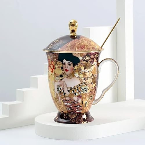 DINGDO Tazza da caffè con Coperchio e Cucchiaio Pittura Bone China Antient Tazze da tè con Coperchio Regalo