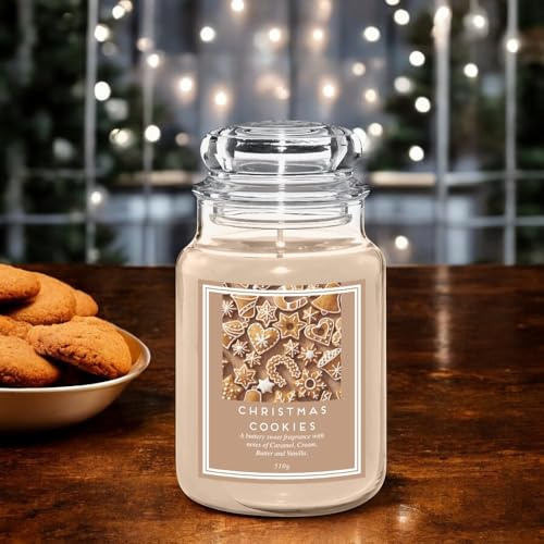 FabFinds Large 18oz Scented Glass Jar Candle Natural Soy Wax Gift Fragrance (Free FabFinds 8pcs Wax Melt) Burn Time: 104 Hours (Christmas Cookies)