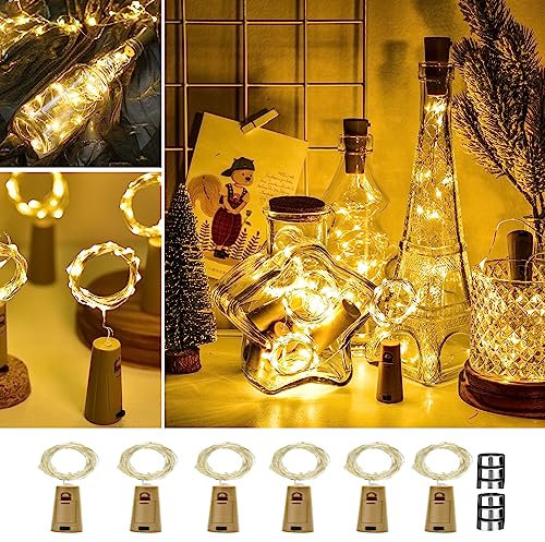 ooklee® Pack of 6 Bottle Light Battery with 6 Replacement Batteries, 2 m 20 LED Bottle Light Cork Copper Wire Fairy Lights for Party Wedding Halloween Christmas Outdoor Indoor Use (Warm White)